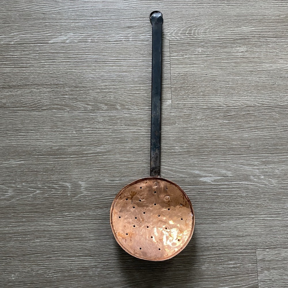 Vintage Primitive Large Hammered Forged Copper & Cast Strainer Ladle Spider